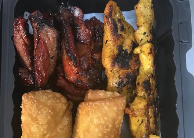 A4. Egg Roll, Fried Shrimp, Chicken Teriyaki & Boneless Ribs.