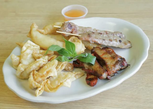 A3. Crab Rangoon, Chicken Finger, Beef Teriyaki & Boneless Ribs.